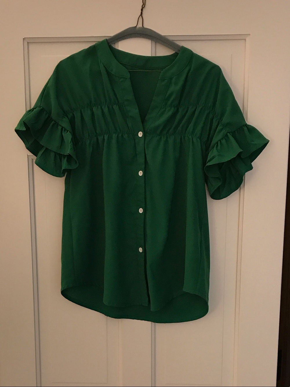 SHEIN Green Ruffle Sleeve Button-Front Blouse